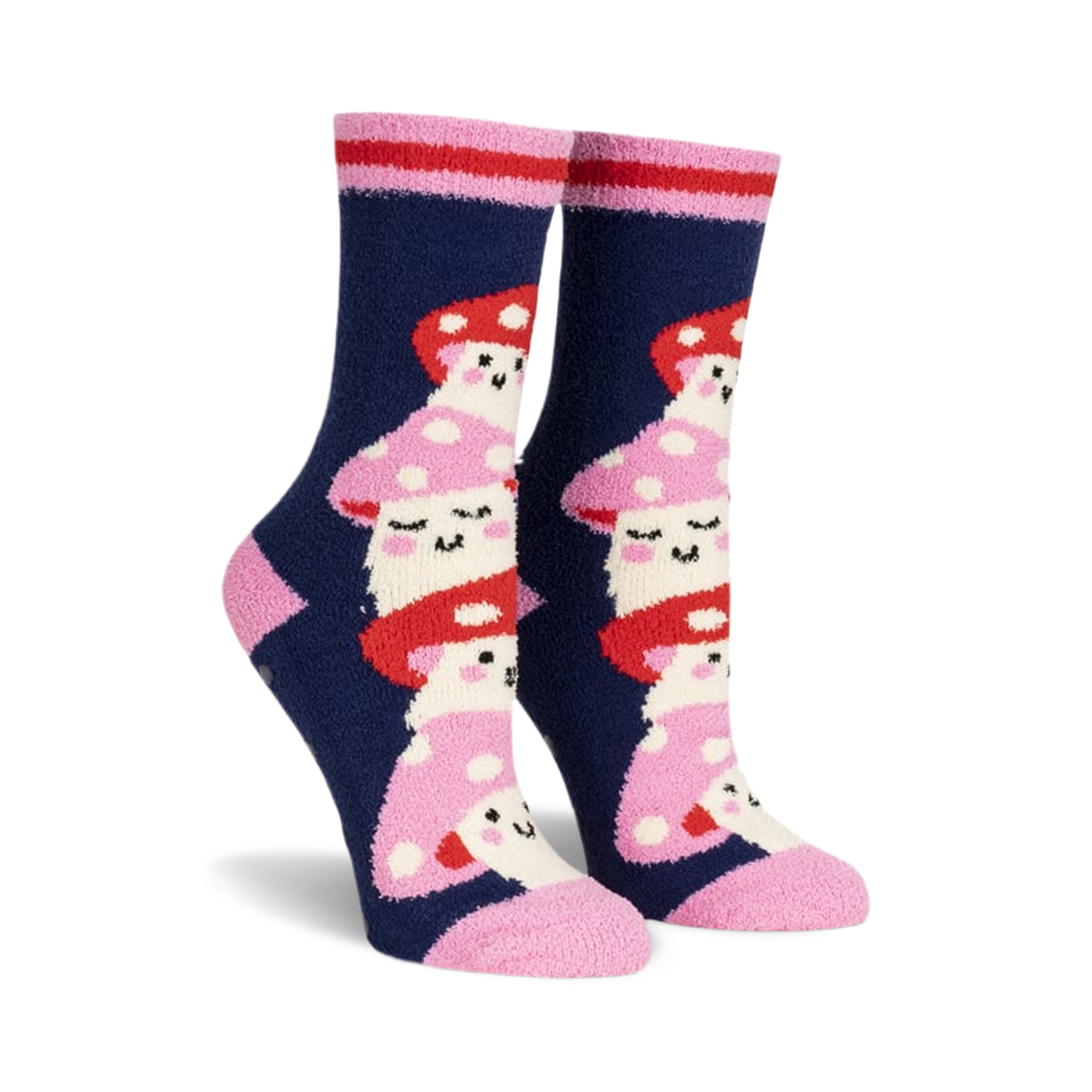 Pair of navy blue fuzzy slipper socks with a whimsical stacked mushroom design in pink and red. Features pink and red stripes at the cuff.