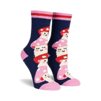 Pair of navy blue fuzzy slipper socks with a whimsical stacked mushroom design in pink and red. Features pink and red stripes at the cuff.
