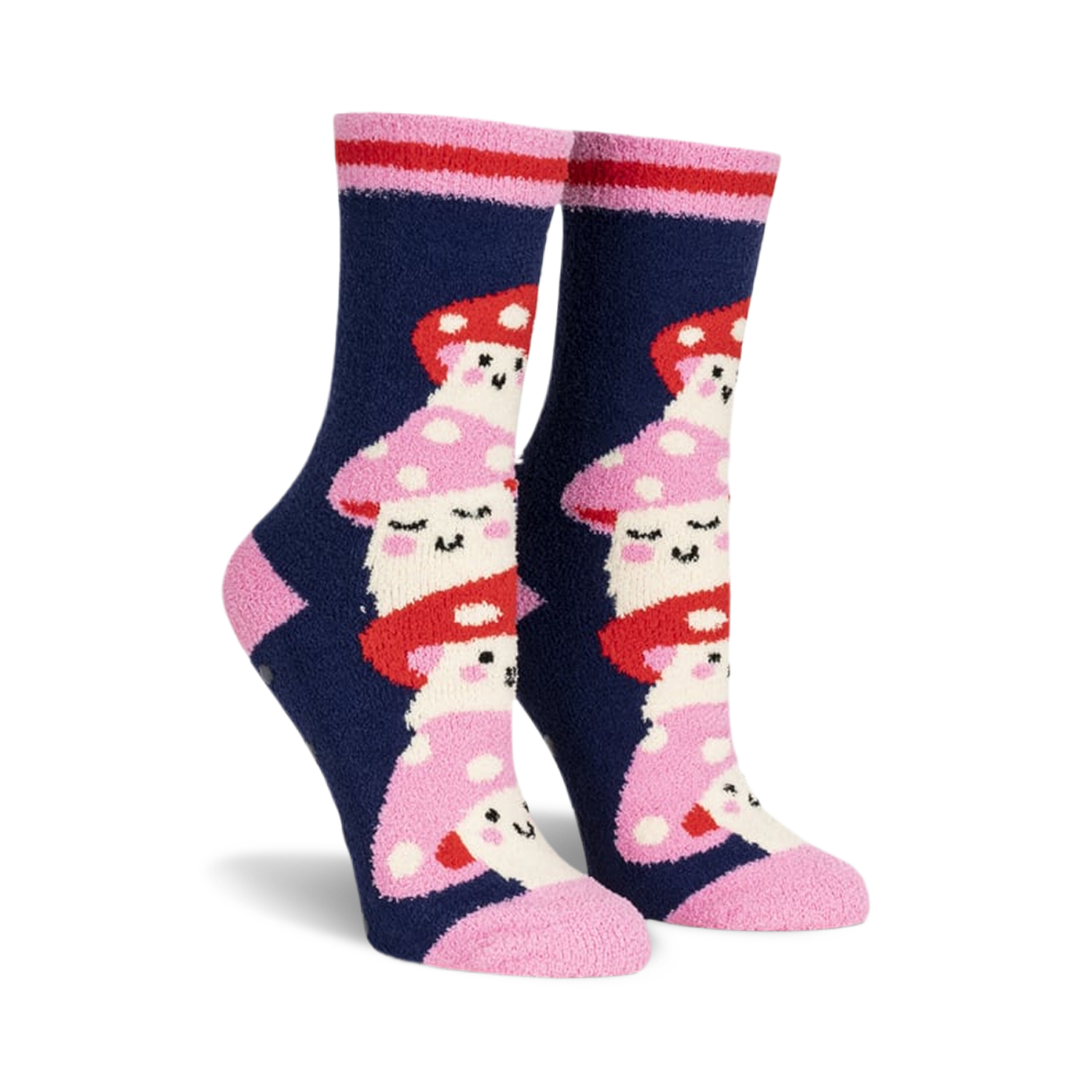 Pair of navy blue fuzzy slipper socks with a whimsical stacked mushroom design in pink and red. Features pink and red stripes at the cuff.