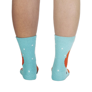 Back view of the fox slipper socks on a person's legs.
