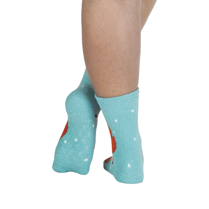 Back view of the fox slipper socks; grippy non-slip soles shown.