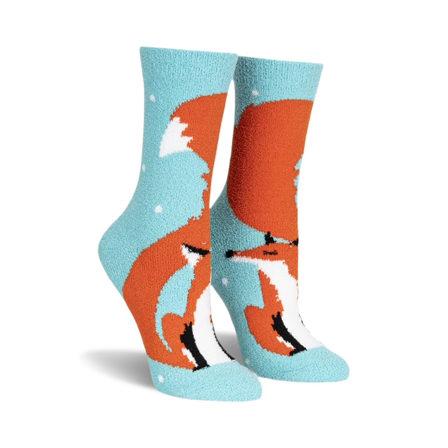 Fuzzy crew socks in teal and orange, featuring a cute fox design with small white dots. 