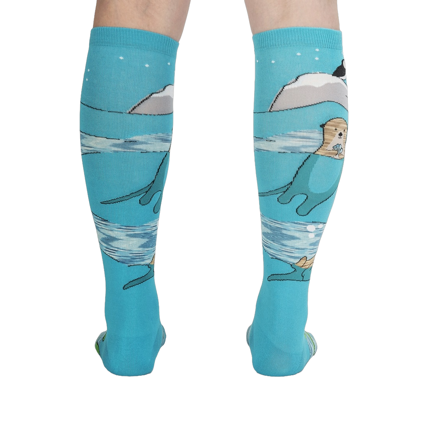Back view of the 'Plays Well With Otters' knee-high socks highlighting the full design, including the otters and icebergs.