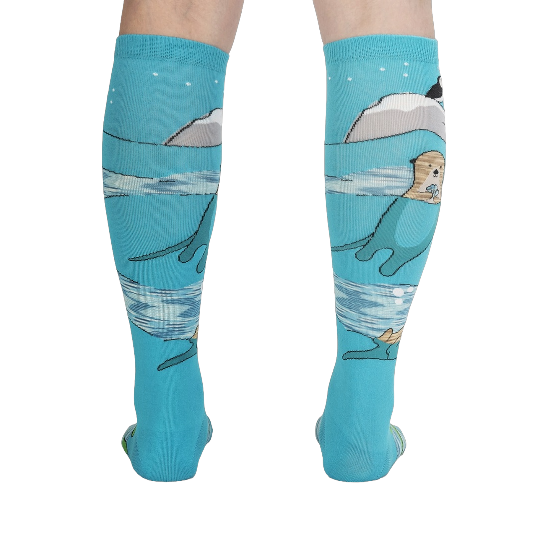 Back view of the 'Plays Well With Otters' knee-high socks highlighting the full design, including the otters and icebergs.