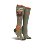 Knee-high socks in olive green and orange, featuring a design of sloths hanging from a branch with the text 'Hang in There'.