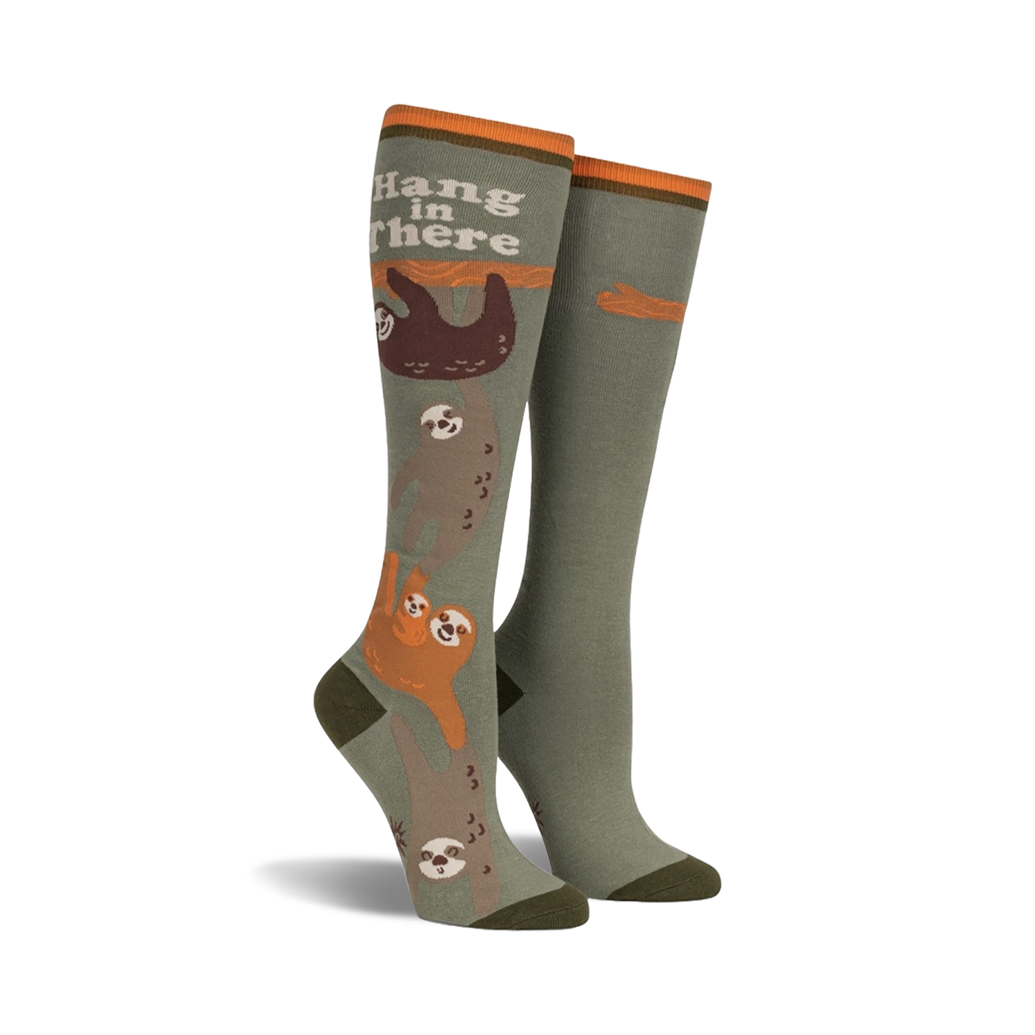 Knee-high socks in olive green and orange, featuring a design of sloths hanging from a branch with the text 'Hang in There'.