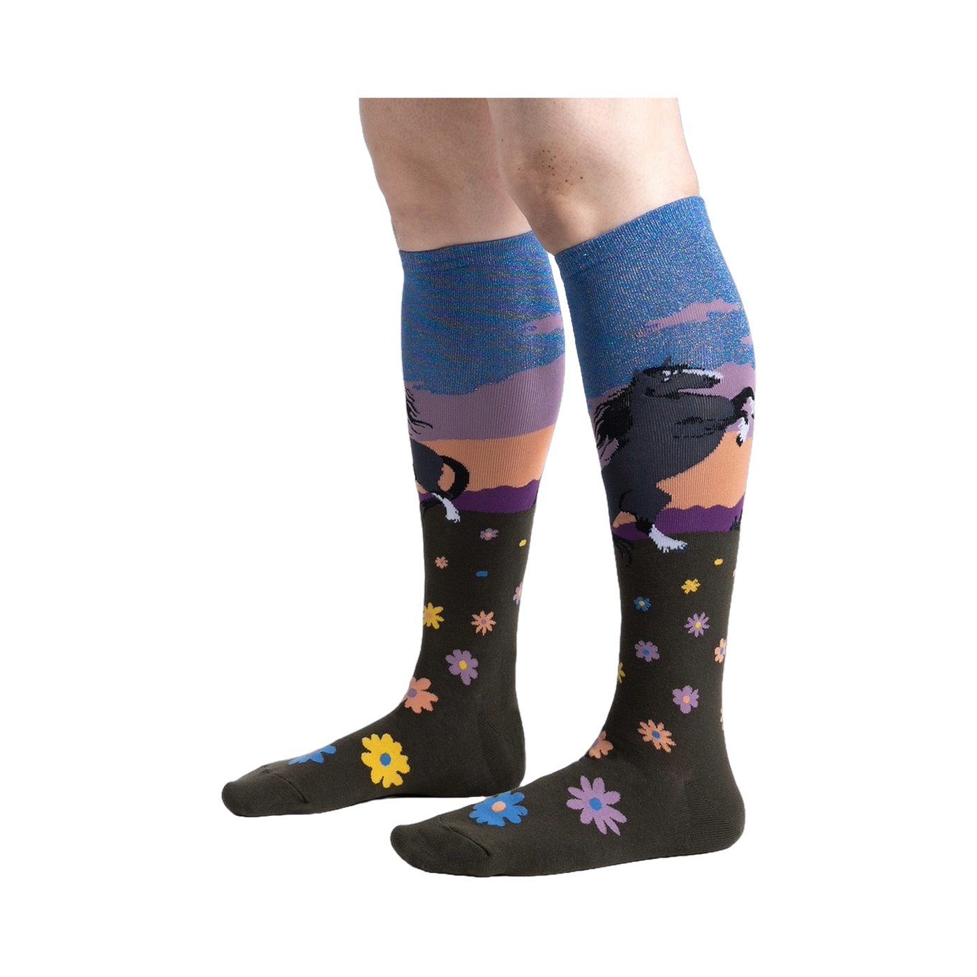 Lifestyle shot: Model wearing a pair of 'Black Beauty' knee-high socks, showing the design and fit.
