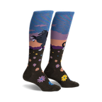 Pair of women's knee-high socks.  Olive green with a sunset scene, a dark horse, and scattered flowers. Blue and purple iridescent top cuff.