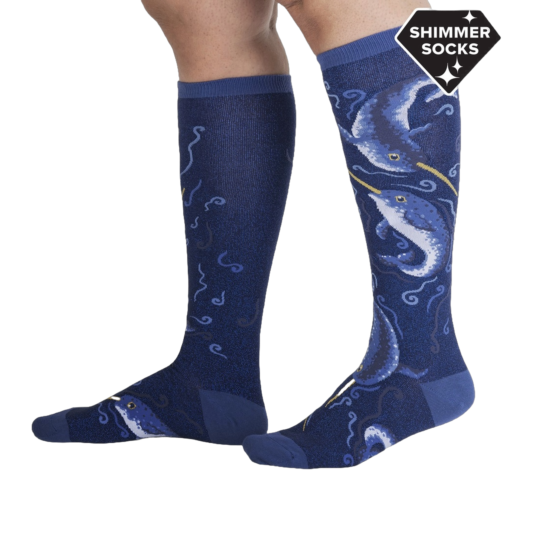 Lifestyle photo showing the 'Once Upon a Narwhal Shimmer' knee-high socks on a person's legs.