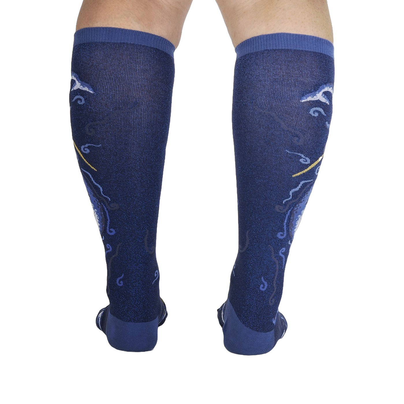 Back view of the 'Once Upon a Narwhal Shimmer' knee-high socks, showcasing the full design.