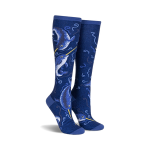 dark blue knee-high socks, narwhal pattern, shimmery finish, women's.  