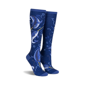 dark blue knee-high socks, narwhal pattern, shimmery finish, women's.  