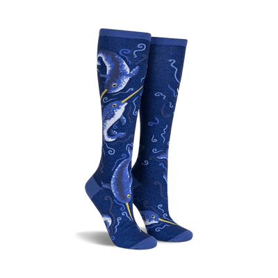 dark blue knee-high socks, narwhal pattern, shimmery finish, women's.  