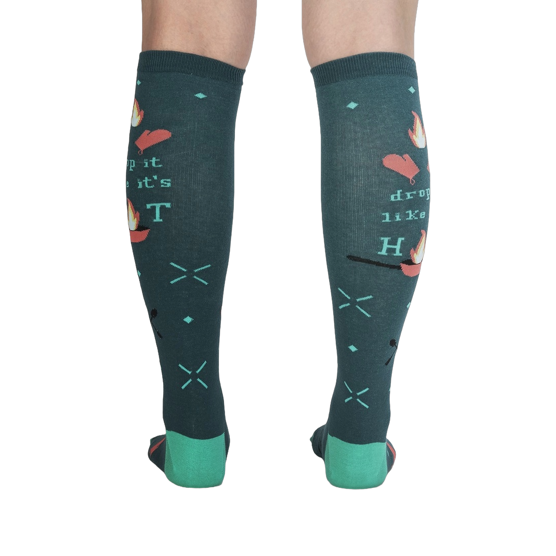 Back view of the 'Drop It Like It's Hot' socks showing the full design on both socks. The teal color and whimsical graphics are clearly visible.