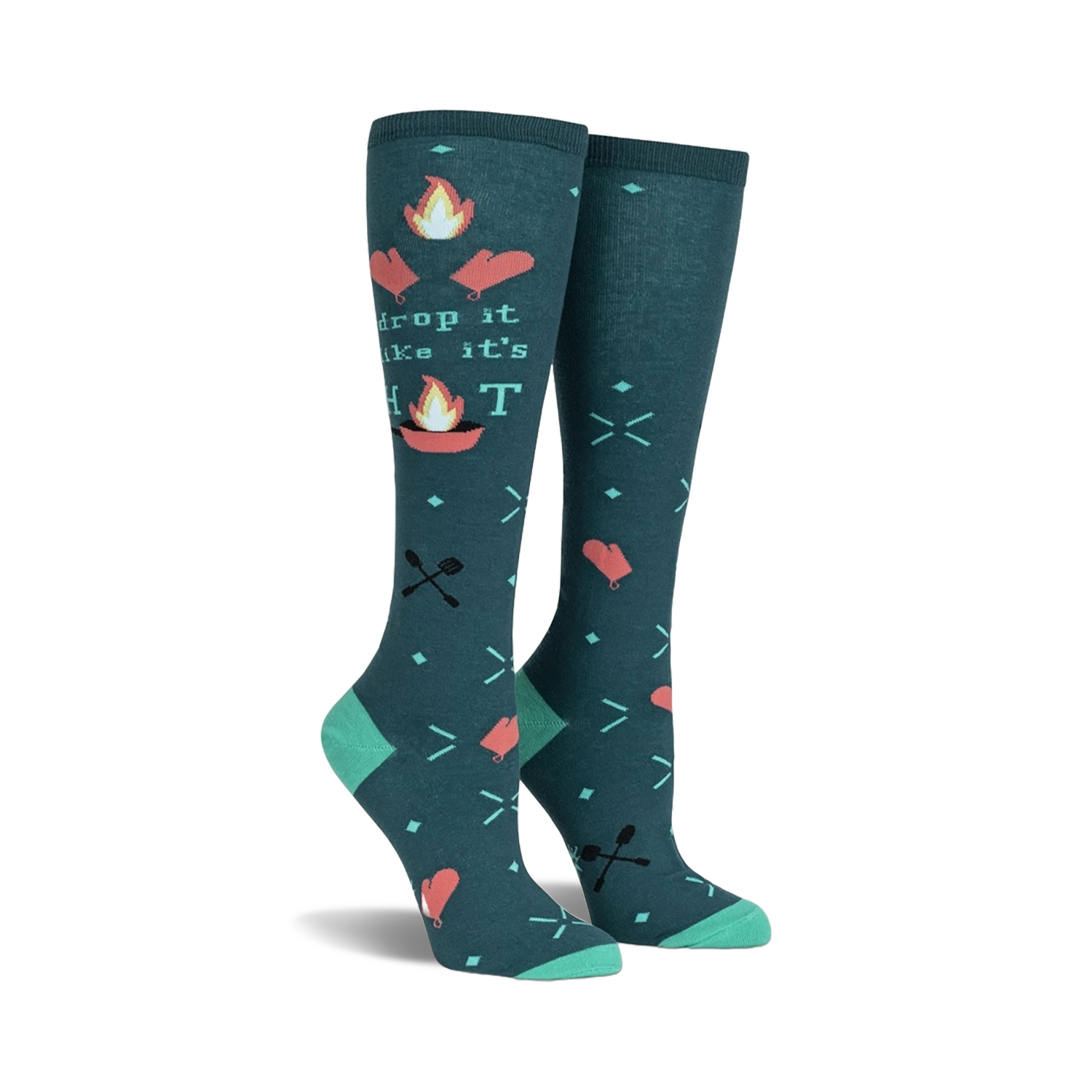 Pair of teal knee-high socks with a 'Drop It Like It's Hot' design. Campfire graphics, flaming hearts, and crossed utensils are featured on a teal background.