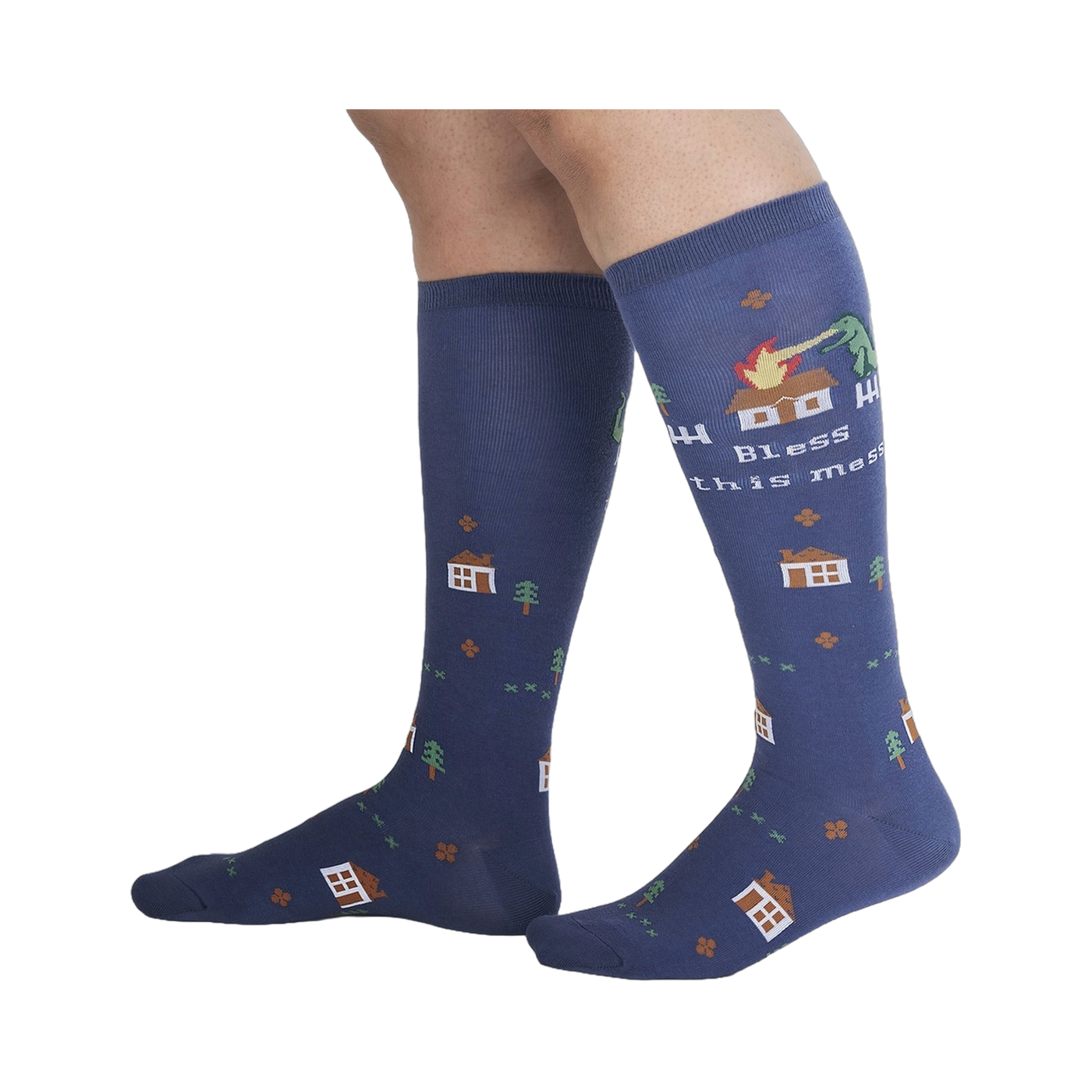 Lifestyle shot of 'Bless This Mess' socks on a person's legs, showcasing the sock's length and design.