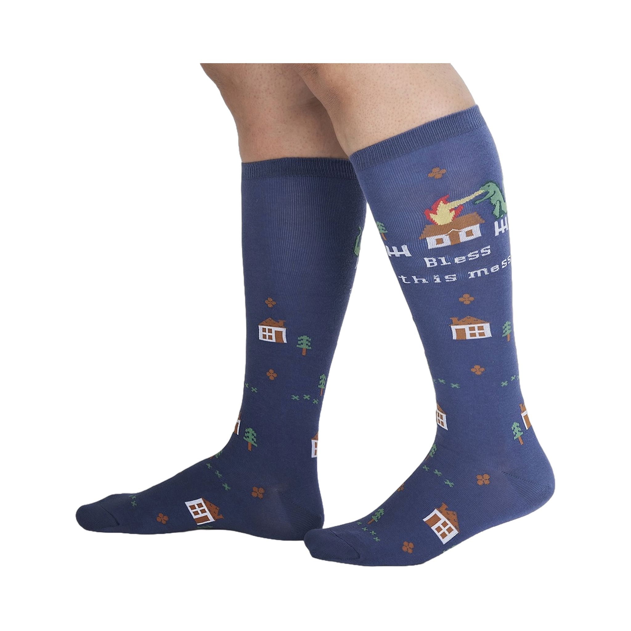 Lifestyle shot of 'Bless This Mess' socks on a person's legs, showcasing the sock's length and design.