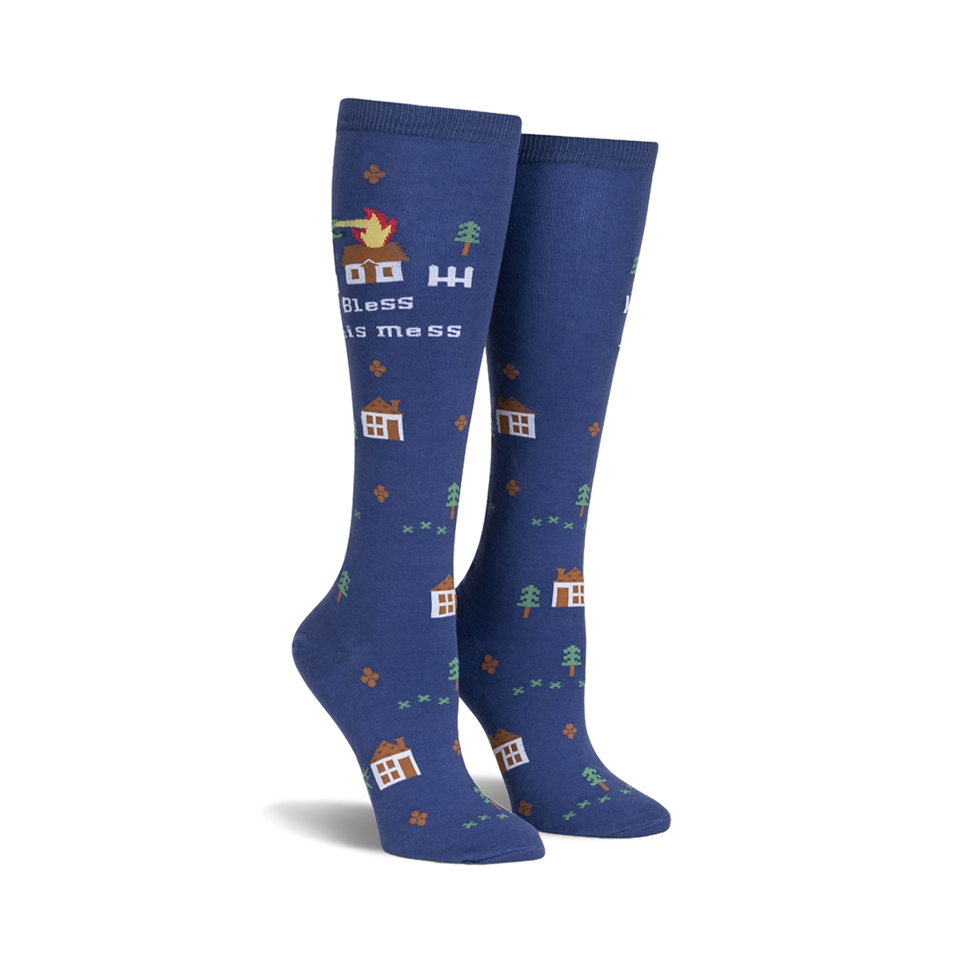 Pair of navy blue knee-high socks with a whimsical design.  Features small houses, trees, and a burning house with the text 'Bless This Mess'.