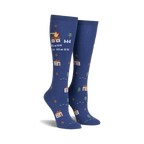 Pair of navy blue knee-high socks with a whimsical design.  Features small houses, trees, and a burning house with the text 'Bless This Mess'.