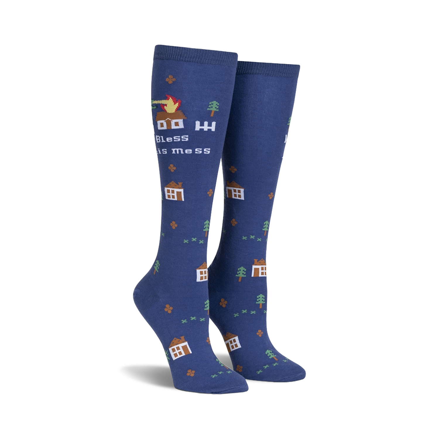 Pair of navy blue knee-high socks with a whimsical design.  Features small houses, trees, and a burning house with the text 'Bless This Mess'.