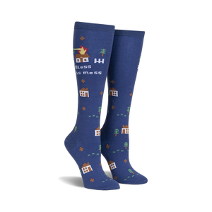 blue knee high "bless this mess" socks with pixelated houses, trees, and flames.  