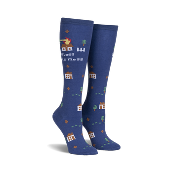 blue knee high &quot;bless this mess&quot; socks with pixelated houses, trees, and flames.  