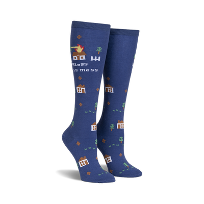 blue knee high &quot;bless this mess&quot; socks with pixelated houses, trees, and flames.  