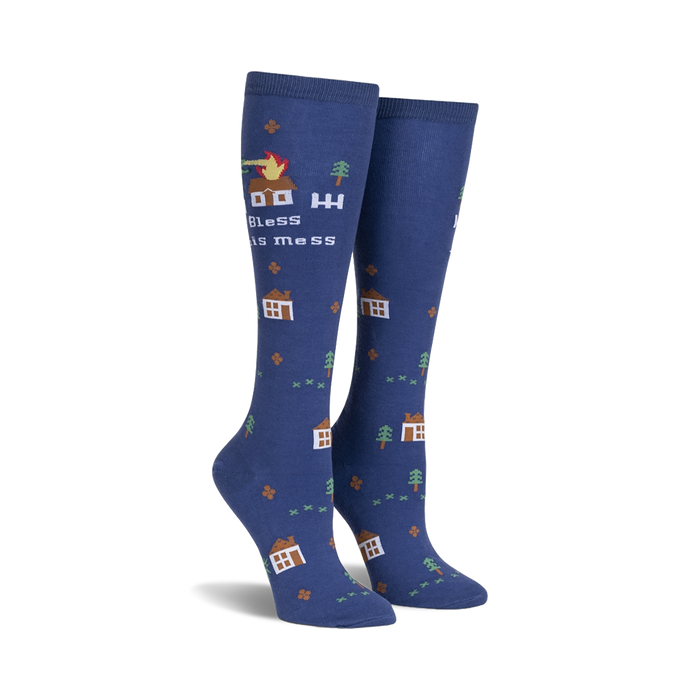 blue knee high "bless this mess" socks with pixelated houses, trees, and flames.  