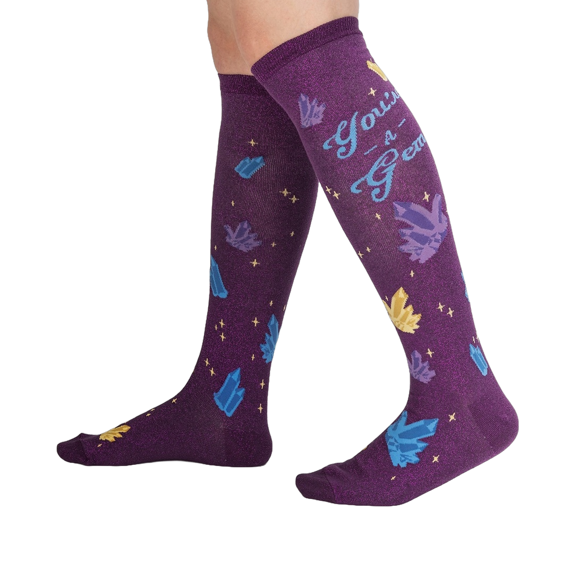 Lifestyle shot showcasing the 'You're a Gem' knee-high socks on a person's legs, showing off the design and fit.