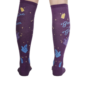 Back view of the 'You're a Gem' knee-high socks, highlighting the full design and purple color.