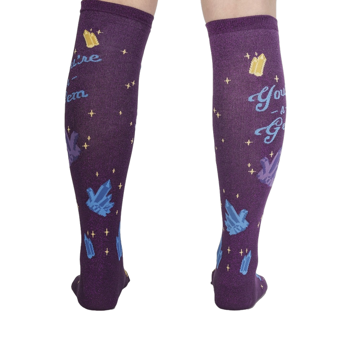 Back view of the 'You're a Gem' knee-high socks, highlighting the full design and purple color.