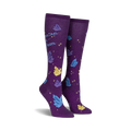 Pair of purple knee-high socks with a scattered crystal design and the text 'You're a Gem'.  Crystals are blue, yellow, and sparkle.