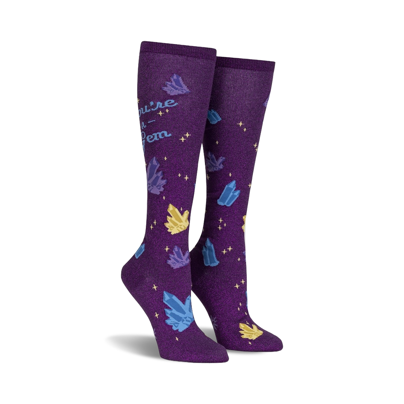 Pair of purple knee-high socks with a scattered crystal design and the text 'You're a Gem'.  Crystals are blue, yellow, and sparkle.