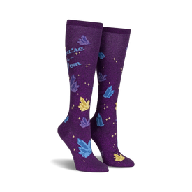 purple knee high socks with gemstone pattern and 'you're a gem' text  