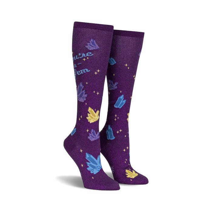 purple knee high socks with gemstone pattern and 'you're a gem' text  