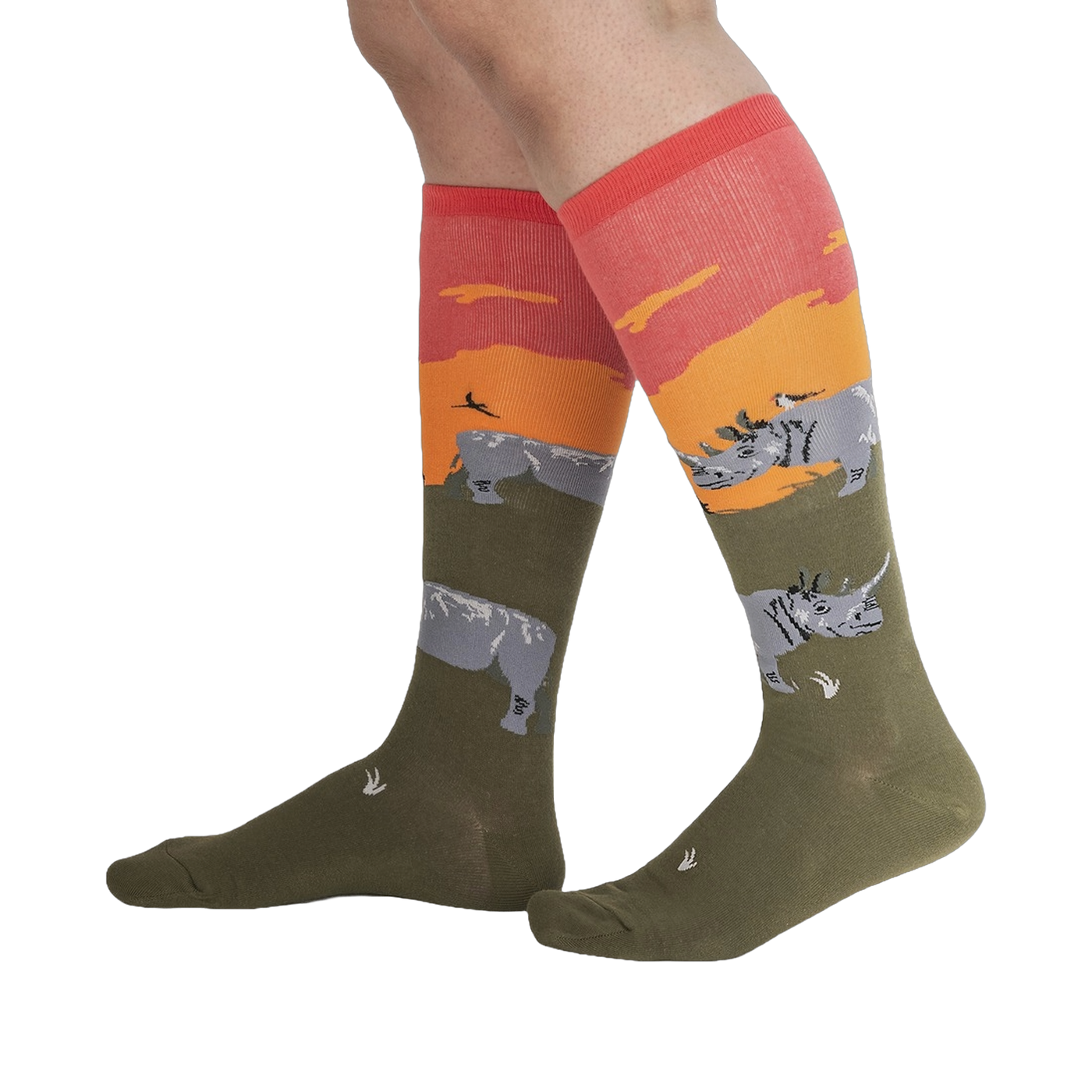 Lifestyle shot showing the Rhino-Corn socks on a person's legs.
