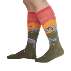 Lifestyle shot showing the Rhino-Corn socks on a person's legs.