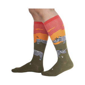 Lifestyle shot showing the Rhino-Corn socks on a person's legs.