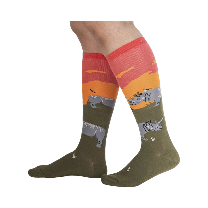 Lifestyle shot showing the Rhino-Corn socks on a person's legs.