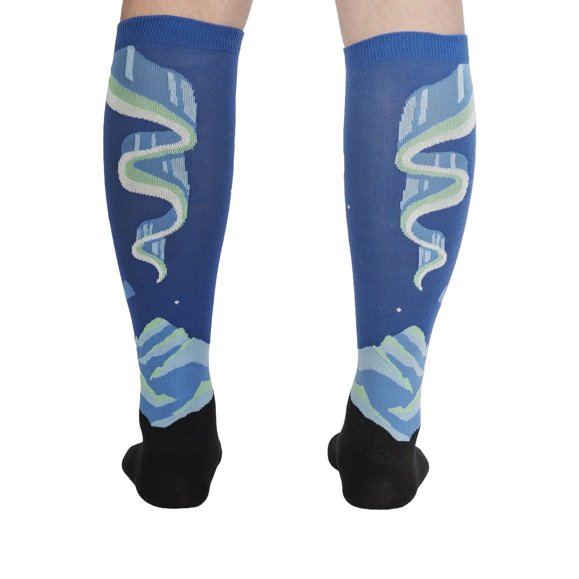 Rear view of the socks on a model's legs, highlighting the symmetrical design and glow-in-the-dark feature.