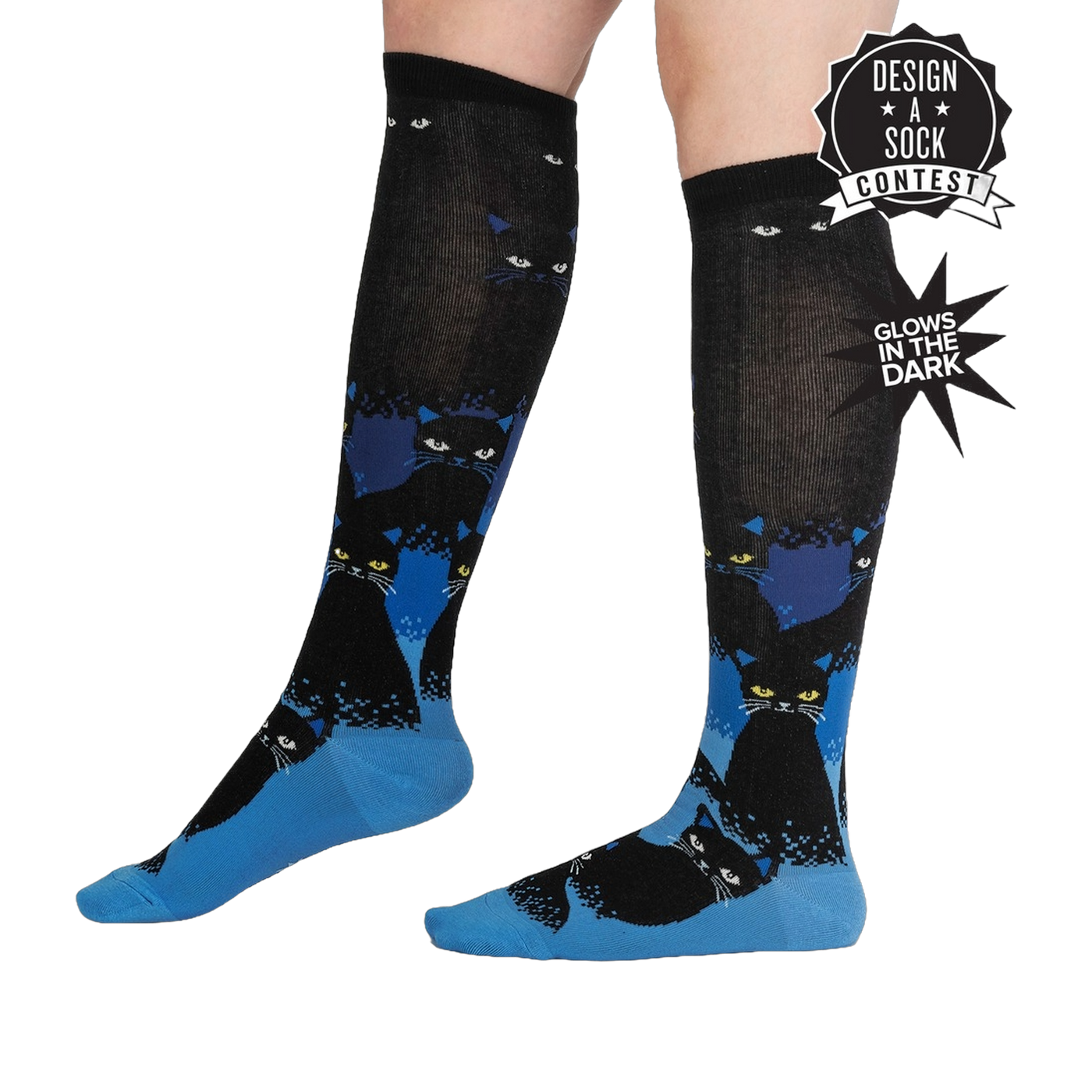 Lifestyle shot showing the socks on a person's legs, highlighting their length and glow-in-the-dark feature.