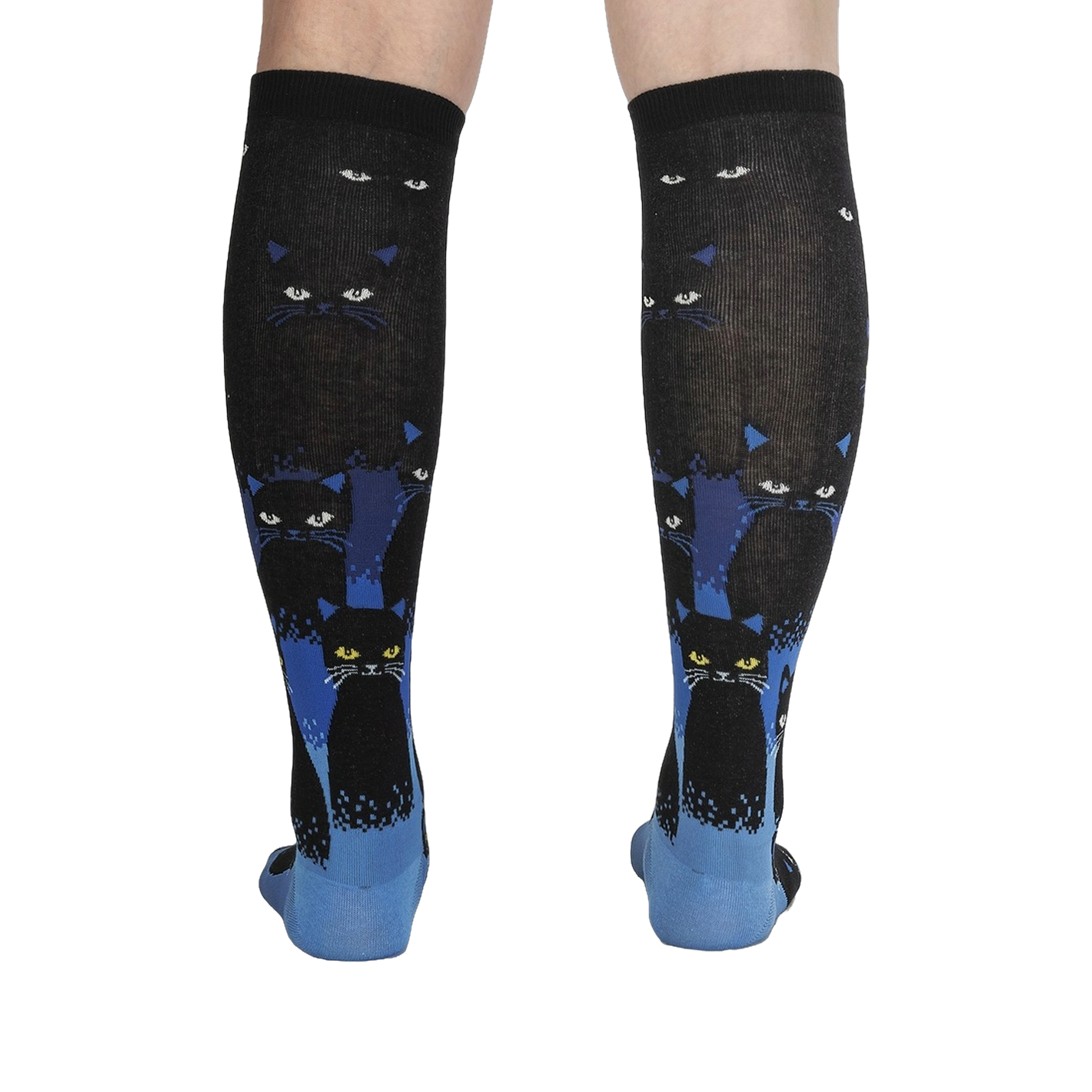 Rear view of the socks on a person's legs, showcasing the full design and cat pattern.