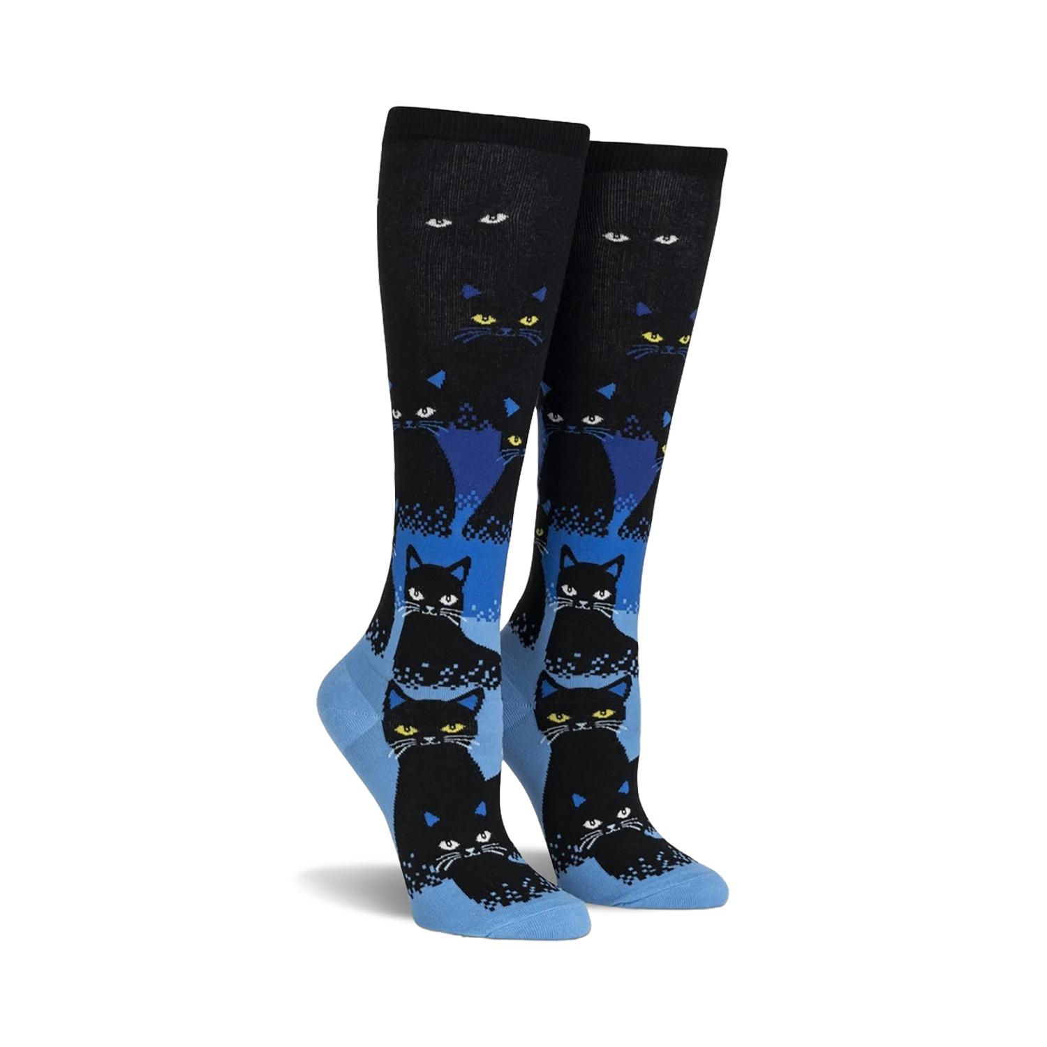 Pair of black and blue knee-high socks with a repeating pattern of black cats. The cats glow in the dark, and the socks have a gradient design.