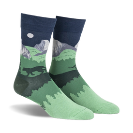 dark blue and green crew socks with mountains, trees, cougar, and moon. yosemite theme, men's socks.   