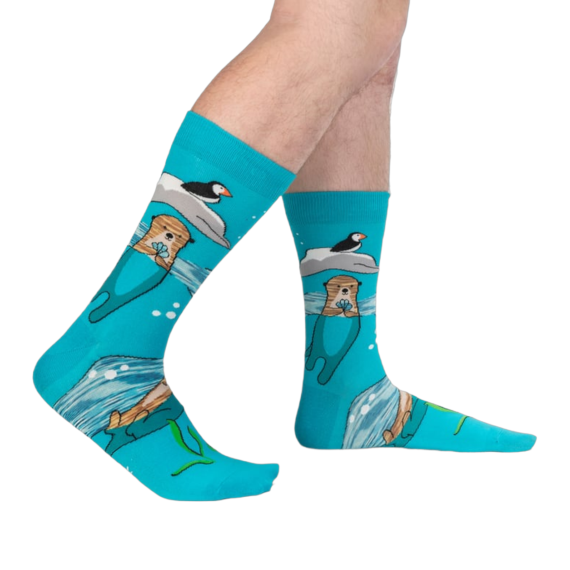 Lifestyle shot of a person's legs wearing the 'Plays Well With Otters' socks, showcasing the full design.