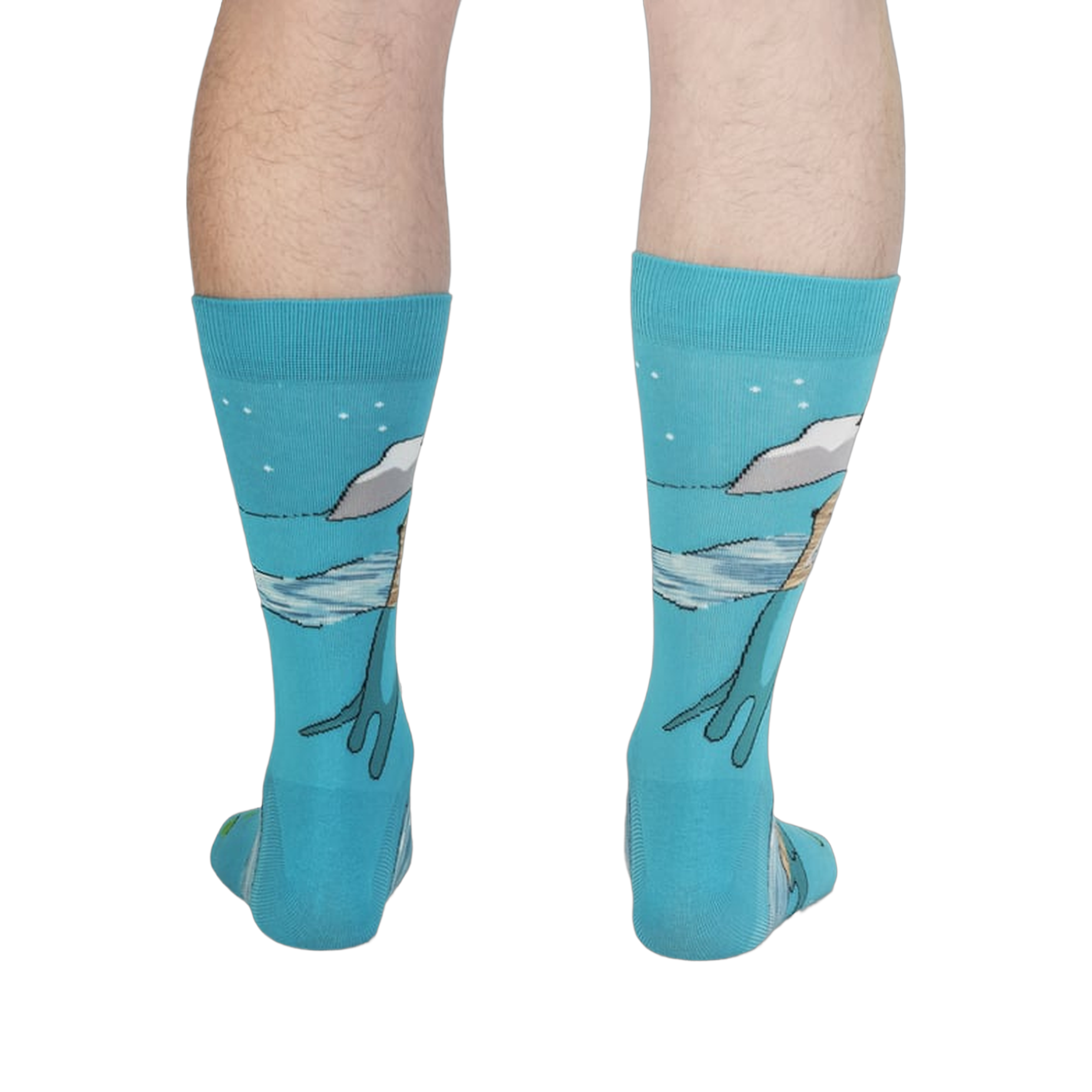 Back view of the socks, highlighting the ocean and animal designs.