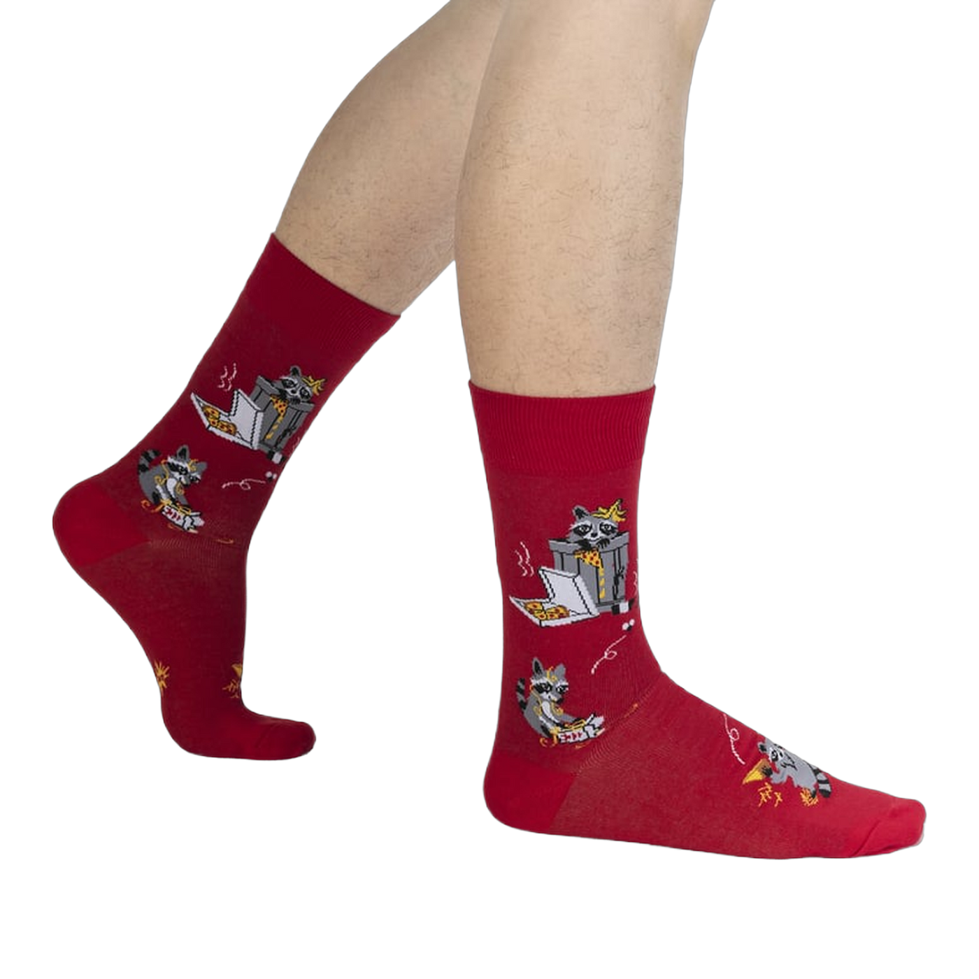 Lifestyle shot of a person's legs wearing the red Trash Panda socks.
