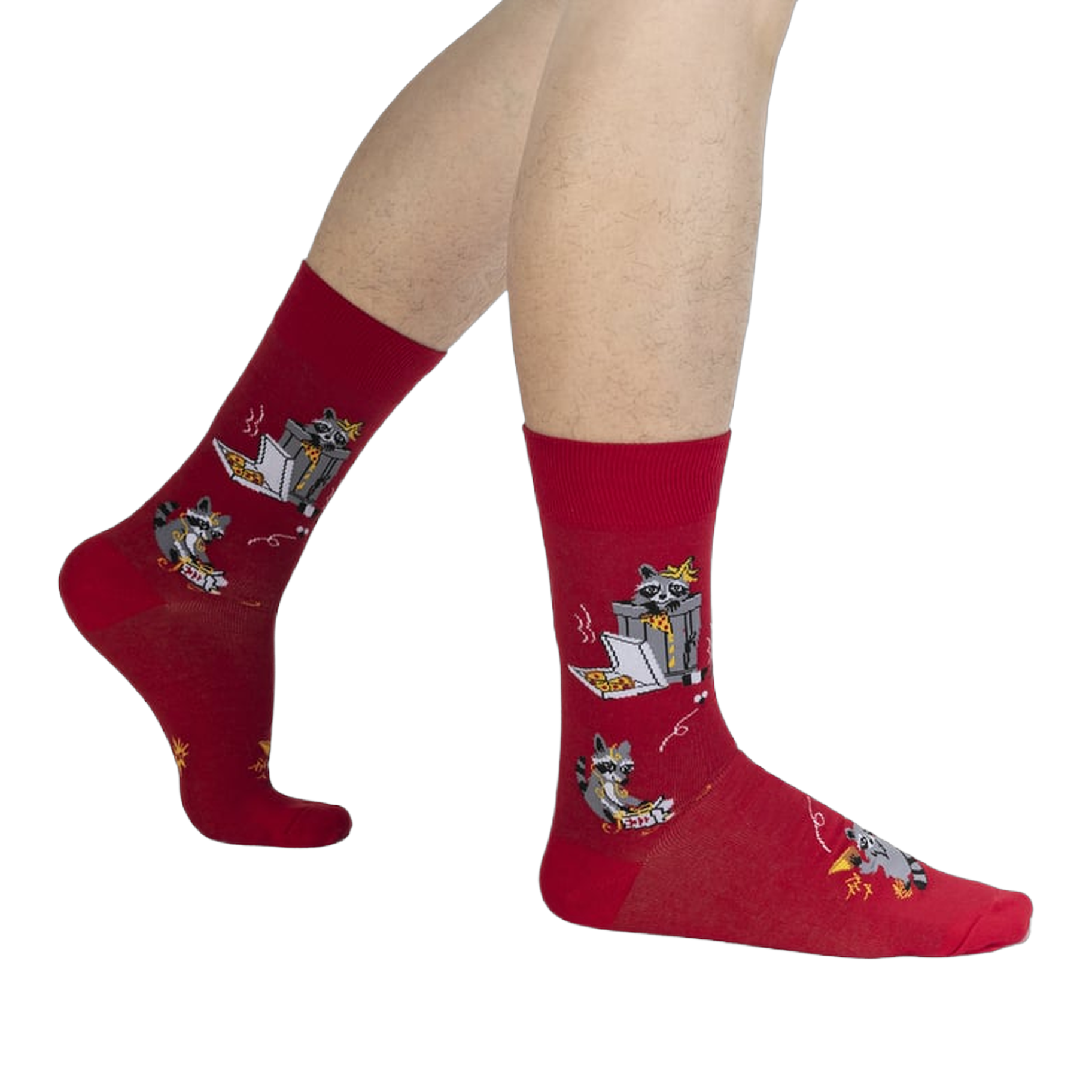 Lifestyle shot of a person's legs wearing the red Trash Panda socks.