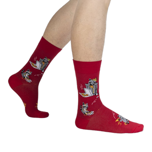 Lifestyle shot of a person's legs wearing the red Trash Panda socks.