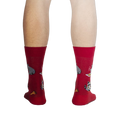 Back view of the red Trash Panda socks, showcasing the design on the back.